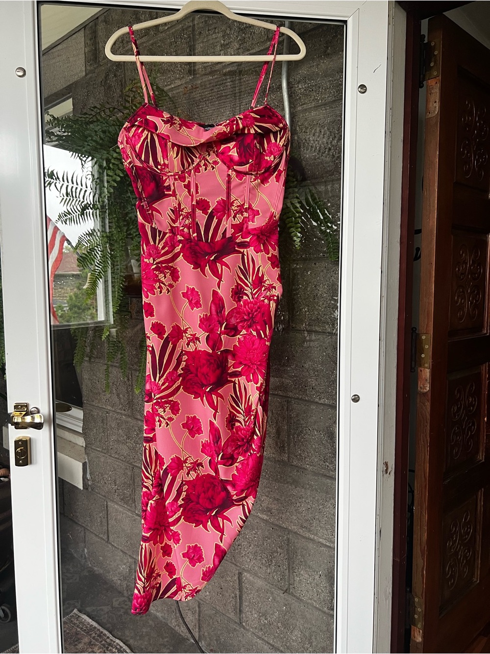 PrettyLittleThing Pink Floral Asymmetrical Slip Dress